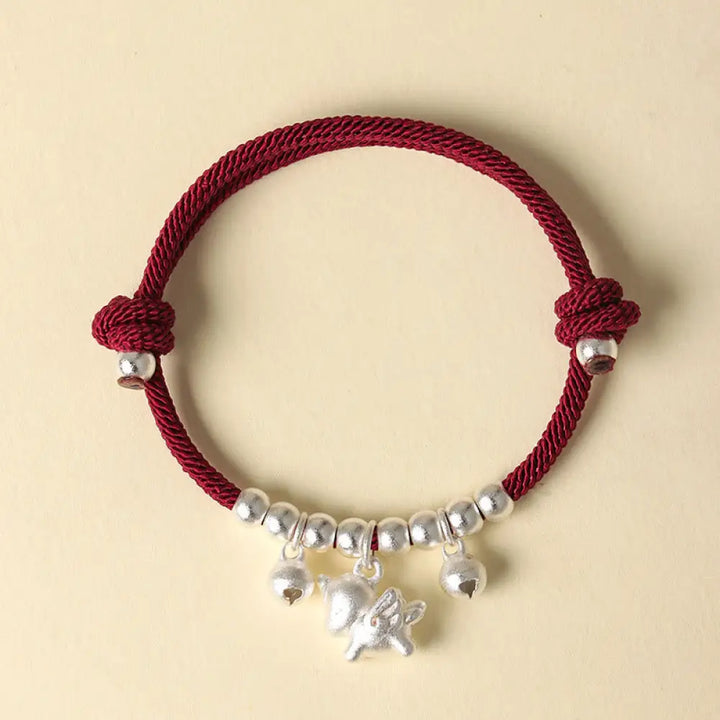Buddha Stones Year Of The Horse Multiple Horse Styles Rope Luck Strength Adjustable Bracelet - Silver Winged Horse Red