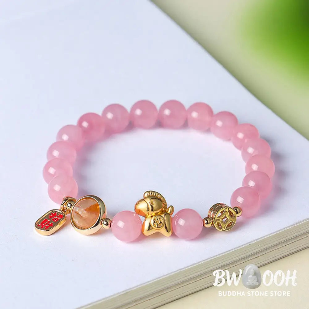 Buddha Stones Year Of The Horse Natural 8mm Black Obsidian Red Agate Pink Crystal Strength Bracelet - Bracelet