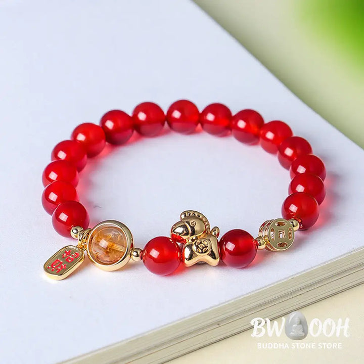 Buddha Stones Year Of The Horse Natural 8mm Black Obsidian Red Agate Pink Crystal Strength Bracelet - Bracelet