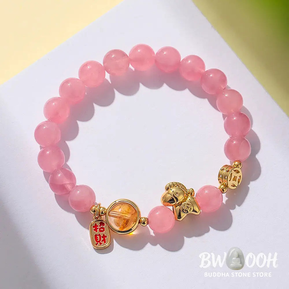 Buddha Stones Year Of The Horse Natural 8mm Black Obsidian Red Agate Pink Crystal Strength Bracelet - Bracelet