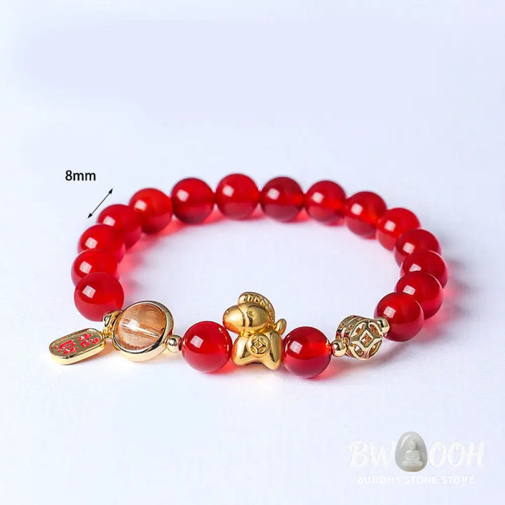 Buddha Stones Year Of The Horse Natural 8mm Black Obsidian Red Agate Pink Crystal Strength Bracelet - Bracelet