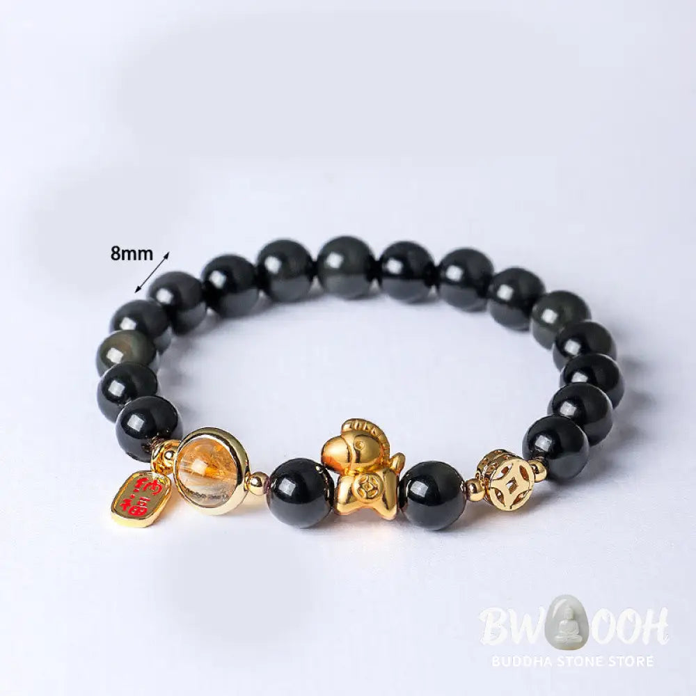 Buddha Stones Year Of The Horse Natural 8mm Black Obsidian Red Agate Pink Crystal Strength Bracelet - Bracelet