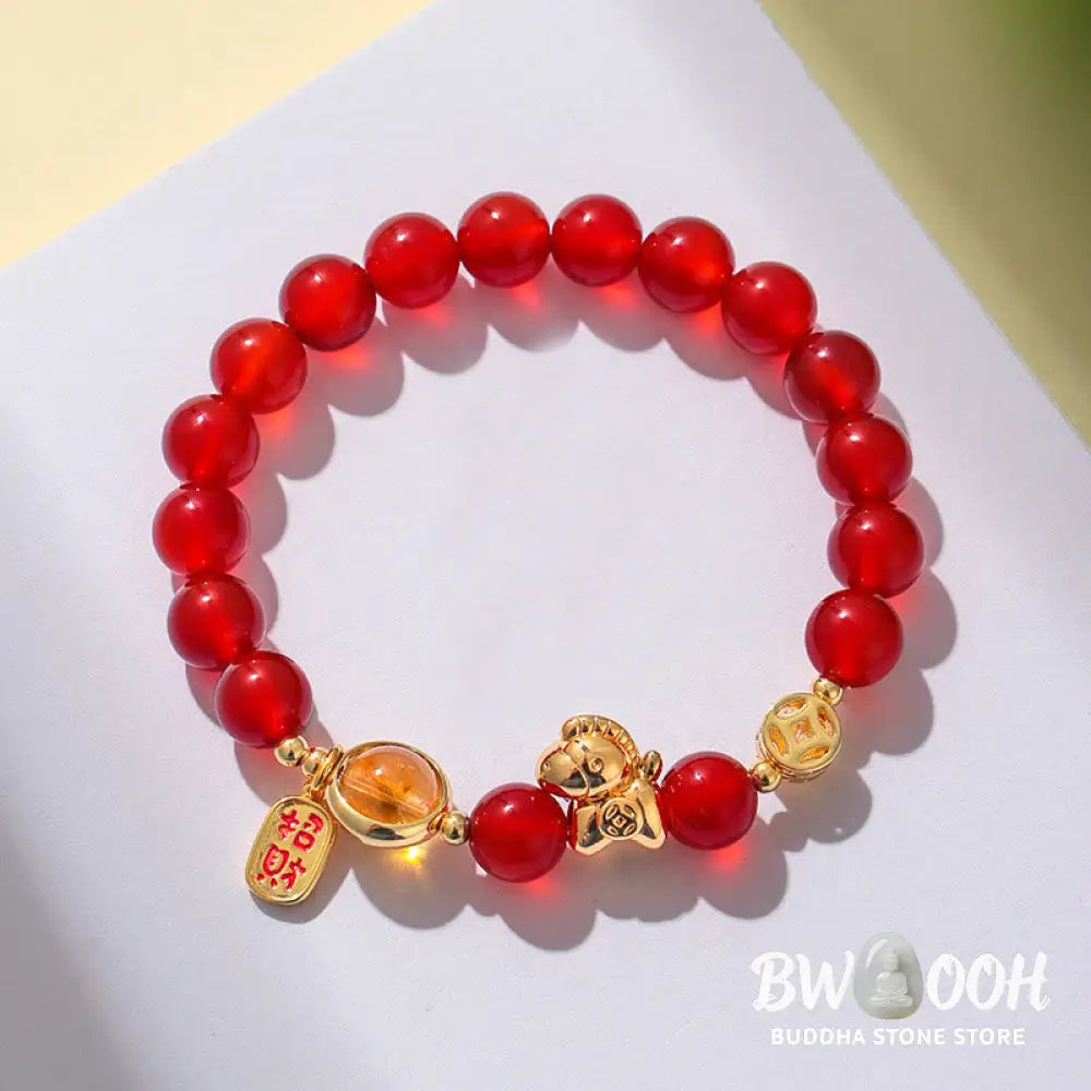 Buddha Stones Year Of The Horse Natural 8mm Black Obsidian Red Agate Pink Crystal Strength Bracelet - Bracelet