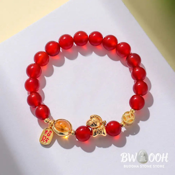 Buddha Stones Year Of The Horse Natural 8mm Black Obsidian Red Agate Pink Crystal Strength Bracelet - Bracelet