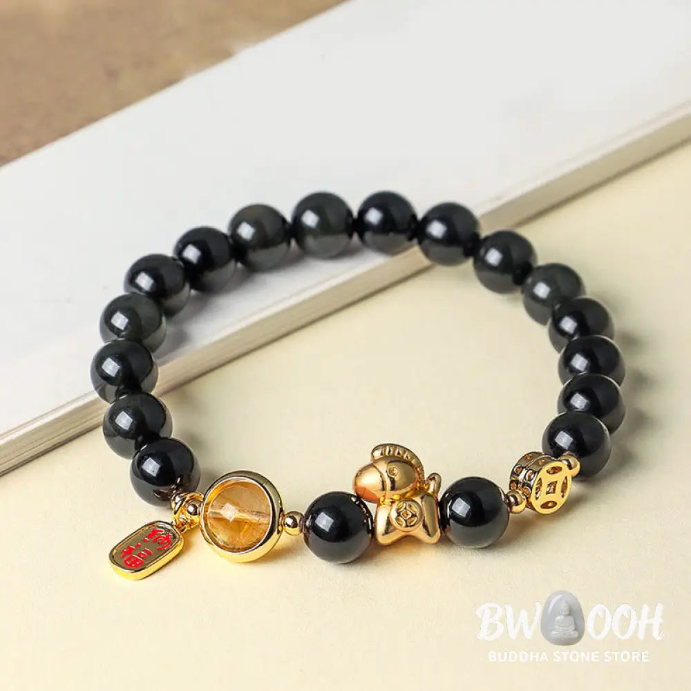 Buddha Stones Year Of The Horse Natural 8mm Black Obsidian Red Agate Pink Crystal Strength Bracelet - Bracelet