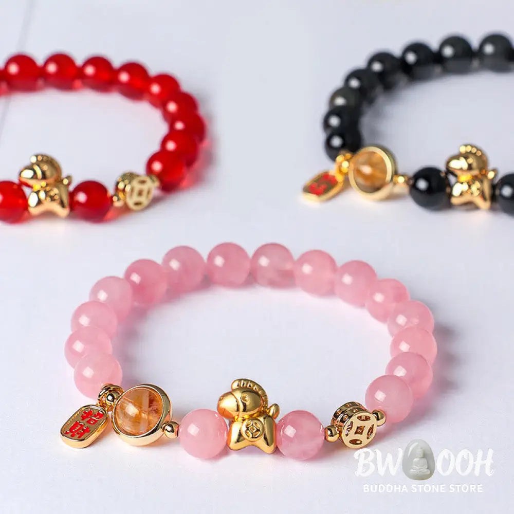 Buddha Stones Year Of The Horse Natural 8mm Black Obsidian Red Agate Pink Crystal Strength Bracelet - Bracelet