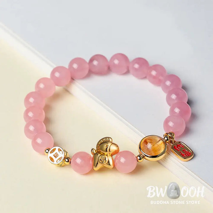 Buddha Stones Year Of The Horse Natural 8mm Black Obsidian Red Agate Pink Crystal Strength Bracelet - Bracelet