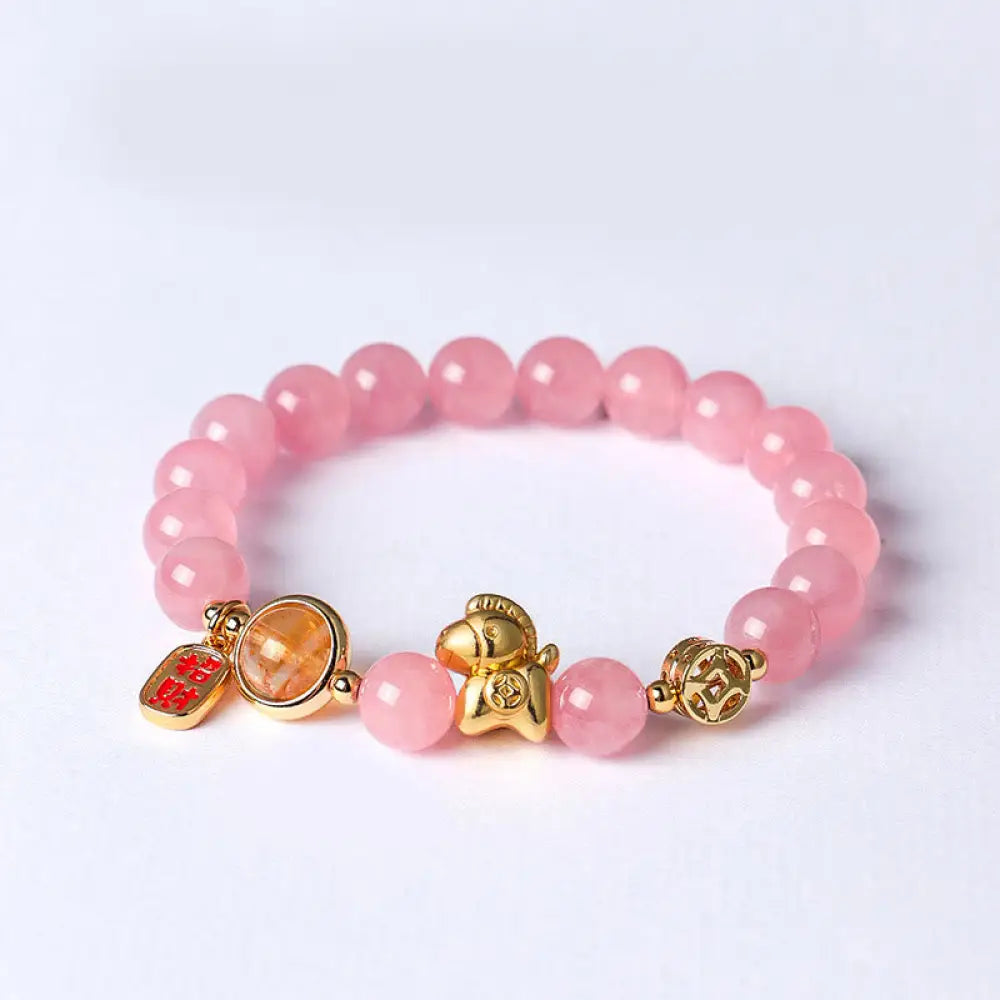 Buddha Stones Year Of The Horse Natural 8mm Black Obsidian Red Agate Pink Crystal Strength Bracelet - Pink