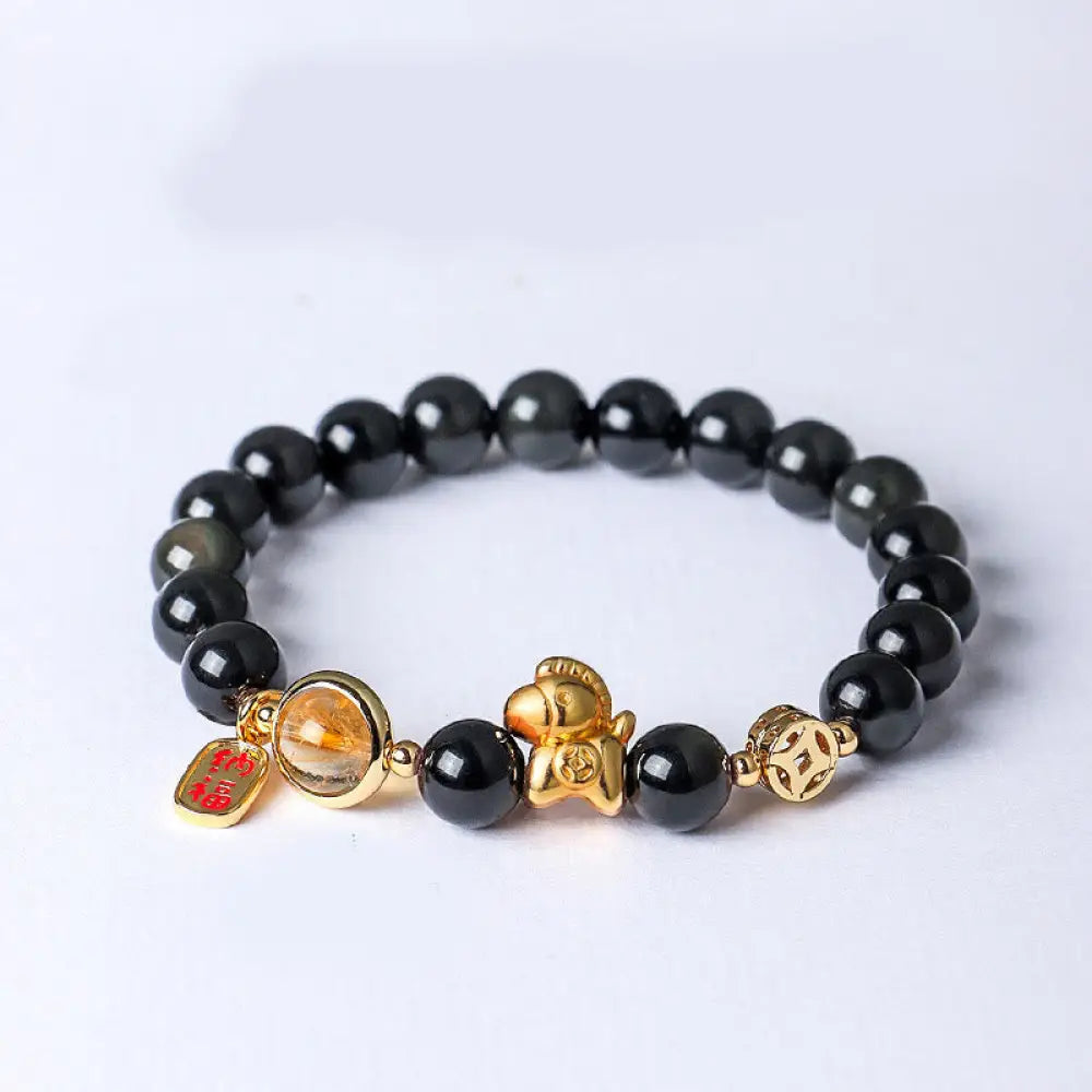 BWOOOH Year Of The Horse Natural 8mm Black Obsidian Red A