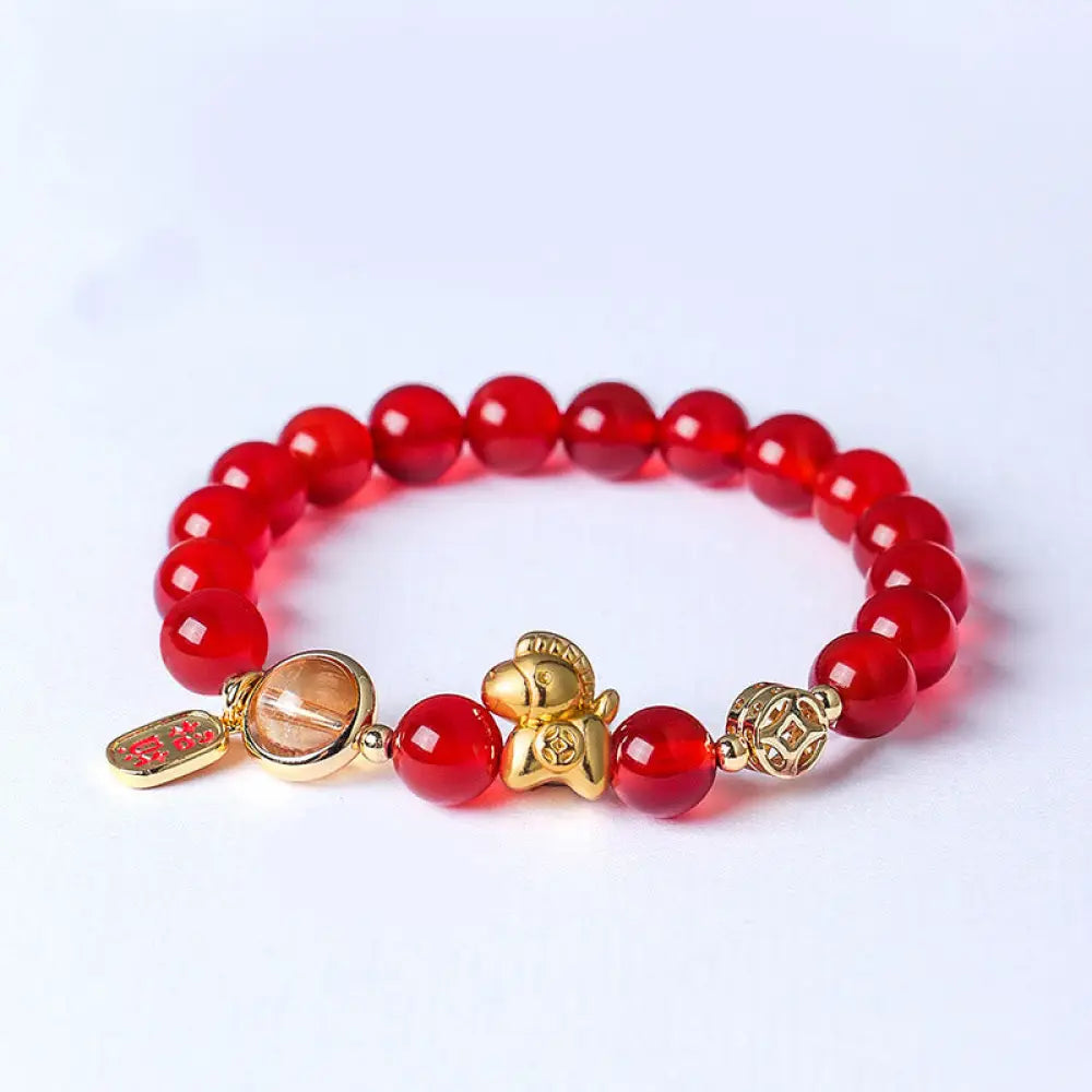 Buddha Stones Year Of The Horse Natural 8mm Black Obsidian Red Agate Pink Crystal Strength Bracelet - Red Agate(Wrist