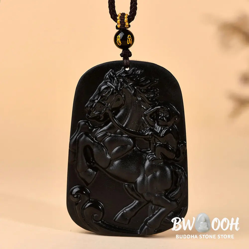 Buddha Stones Year of the Horse Natural Black Obsidian Strength Necklace Pendant - BWOOOH - Black