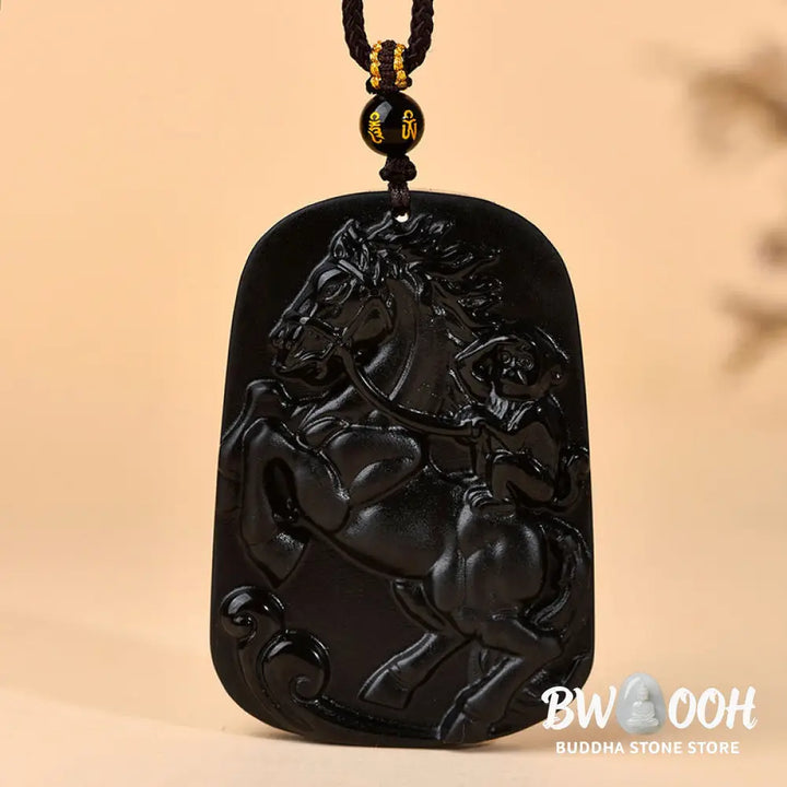 Buddha Stones Year of the Horse Natural Black Obsidian Strength Necklace Pendant - BWOOOH - Black
