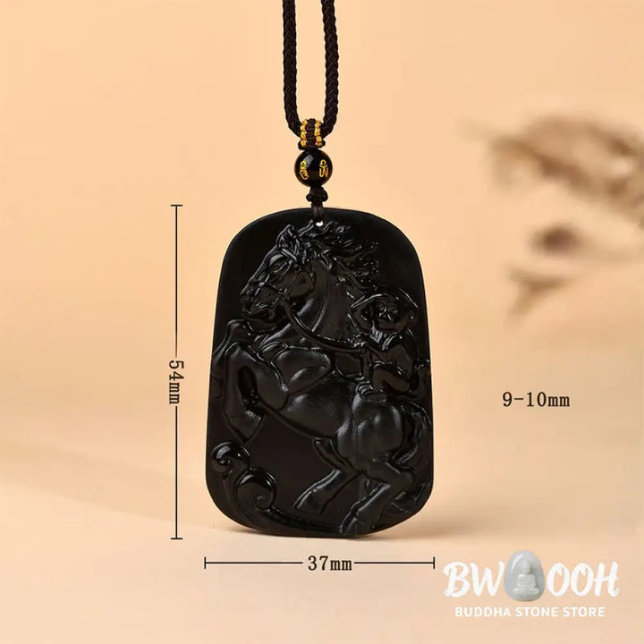 Buddha Stones Year of the Horse Natural Black Obsidian Strength Necklace Pendant - BWOOOH - Black