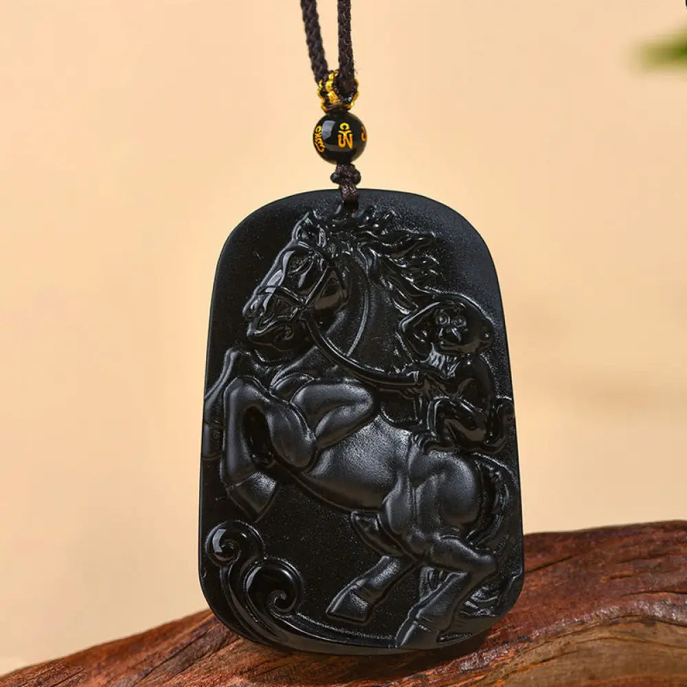 Buddha Stones Year of the Horse Natural Black Obsidian Strength Necklace Pendant - BWOOOH - Black