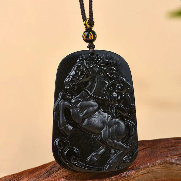 Buddha Stones Year of the Horse Natural Black Obsidian Strength Necklace Pendant - BWOOOH - Black