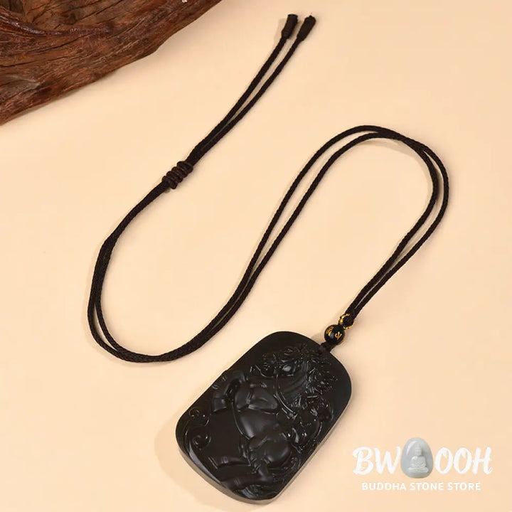 Buddha Stones Year of the Horse Natural Black Obsidian Strength Necklace Pendant - BWOOOH - Black