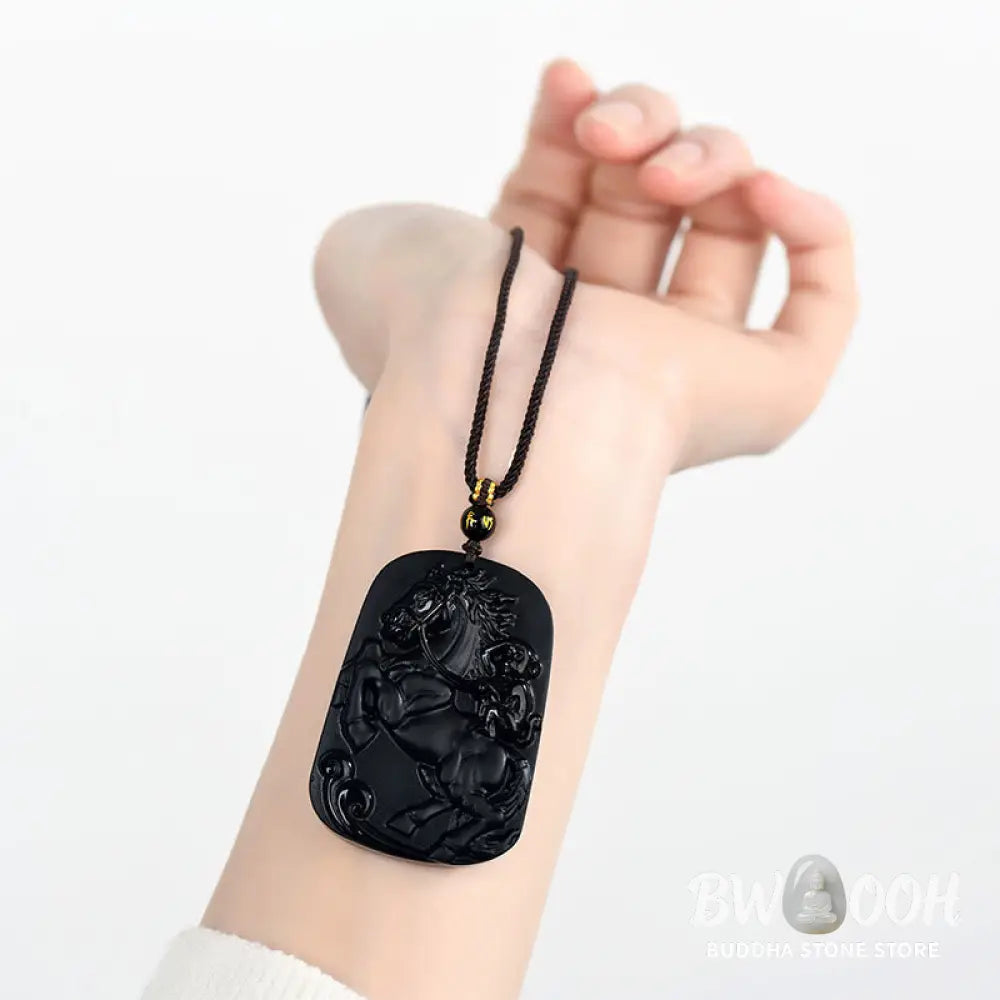 Buddha Stones Year of the Horse Natural Black Obsidian Strength Necklace Pendant - BWOOOH - Black