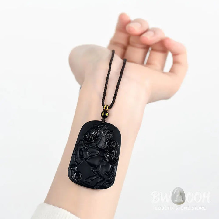 Buddha Stones Year of the Horse Natural Black Obsidian Strength Necklace Pendant - BWOOOH - Black
