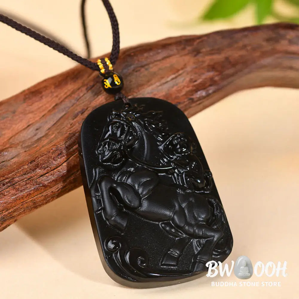 Buddha Stones Year of the Horse Natural Black Obsidian Strength Necklace Pendant - BWOOOH - Black