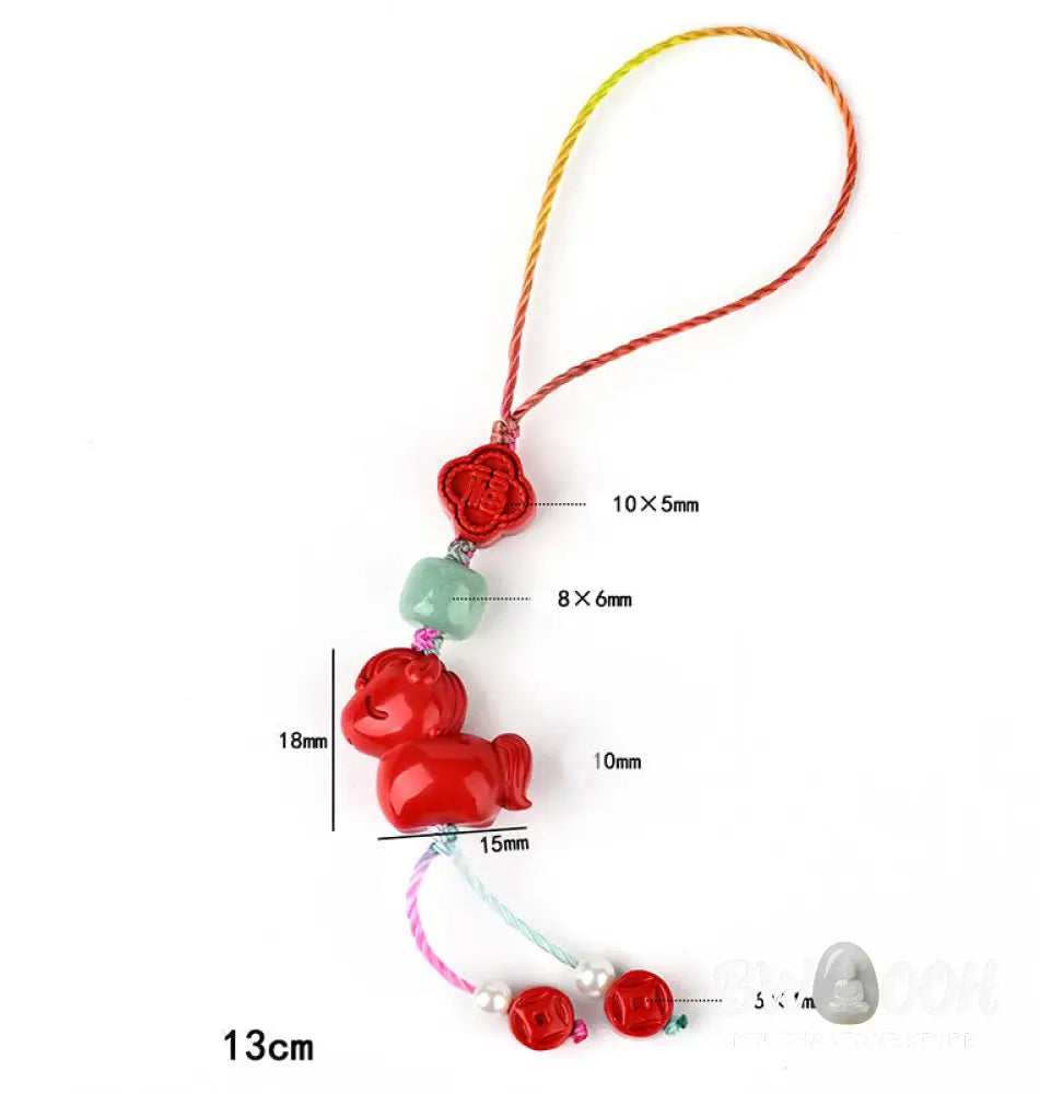 Buddha Stones Year of the Horse Natural Cinnabar Fu Character Blessing Phone Hanging Decoration