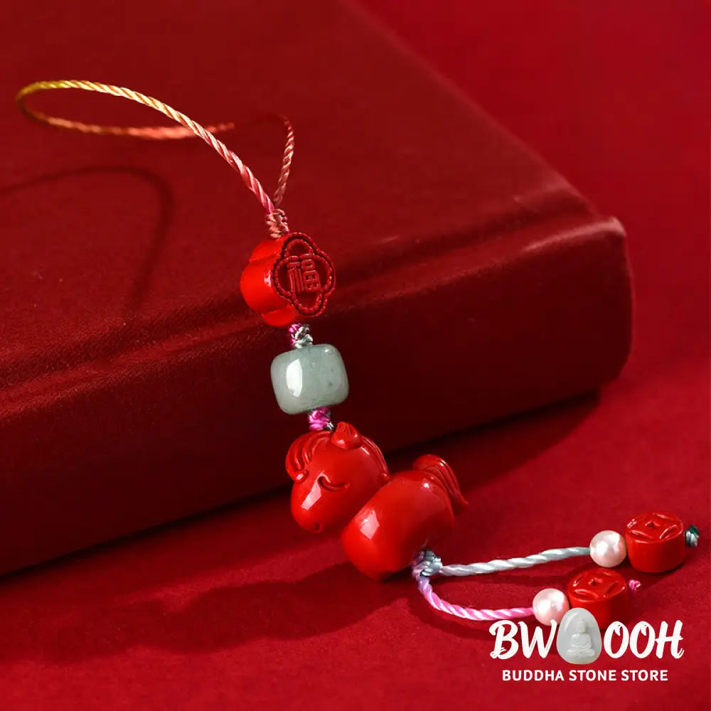 Buddha Stones Year of the Horse Natural Cinnabar Fu Character Blessing Phone Hanging Decoration