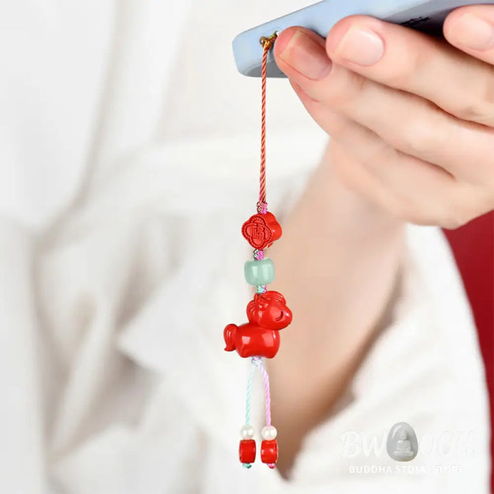Buddha Stones Year of the Horse Natural Cinnabar Fu Character Blessing Phone Hanging Decoration