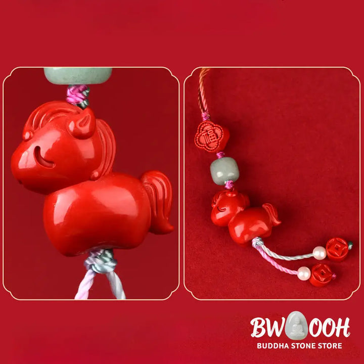 Buddha Stones Year of the Horse Natural Cinnabar Fu Character Blessing Phone Hanging Decoration