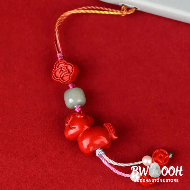 Buddha Stones Year of the Horse Natural Cinnabar Fu Character Blessing Phone Hanging Decoration