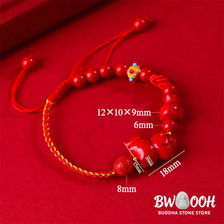 Buddha Stones Year of the Horse Natural Cinnabar Fu Character Lucky Bag Blessing Bracelet - Cinnabar(Wrist