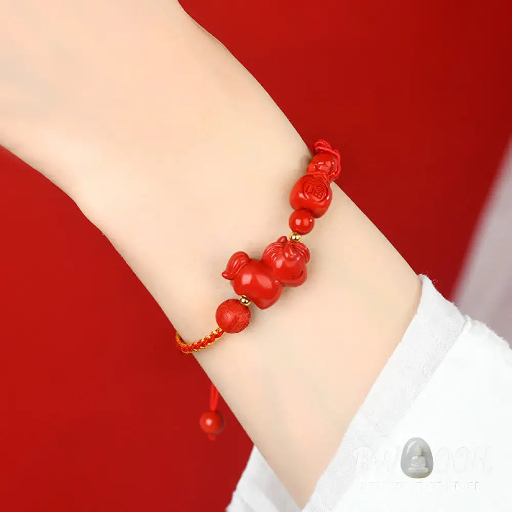 Buddha Stones Year of the Horse Natural Cinnabar Fu Character Lucky Bag Blessing Bracelet - Cinnabar(Wrist