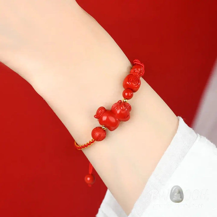 Buddha Stones Year of the Horse Natural Cinnabar Fu Character Lucky Bag Blessing Bracelet - Cinnabar(Wrist