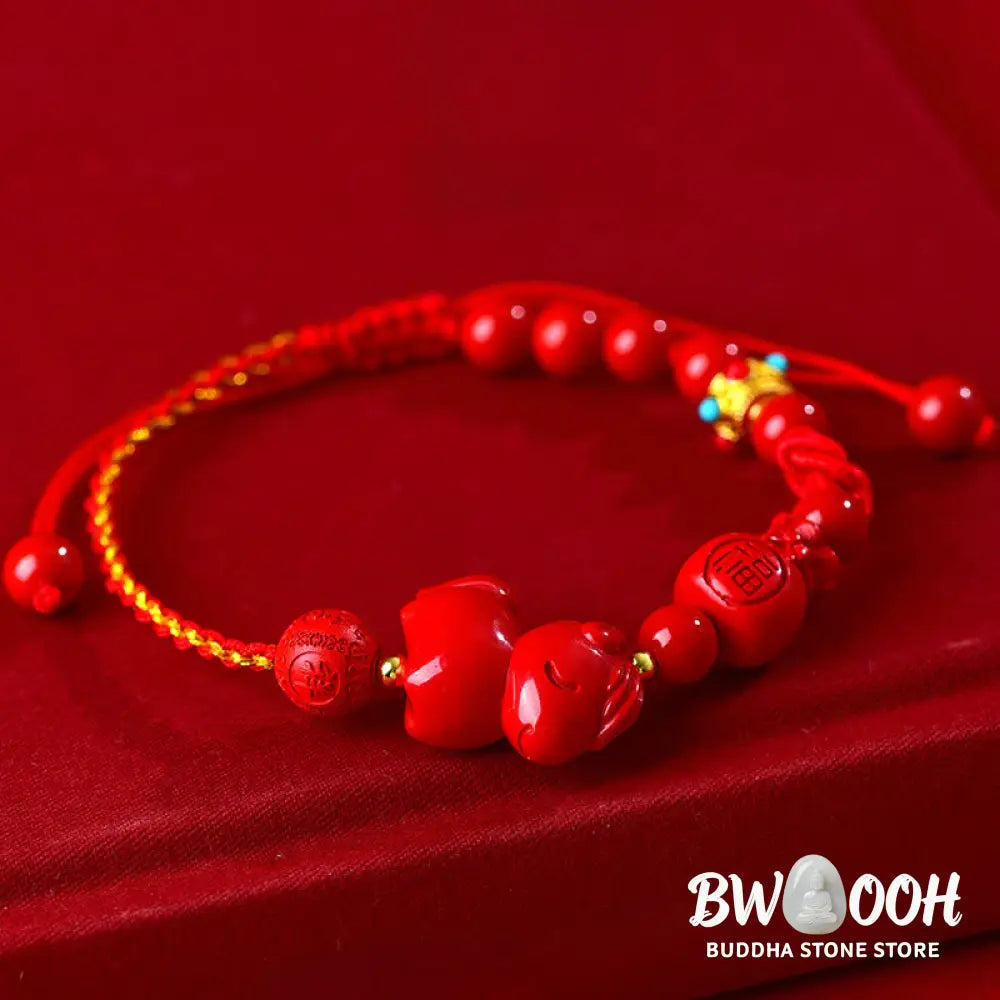 Buddha Stones Year of the Horse Natural Cinnabar Fu Character Lucky Bag Blessing Bracelet - Cinnabar(Wrist