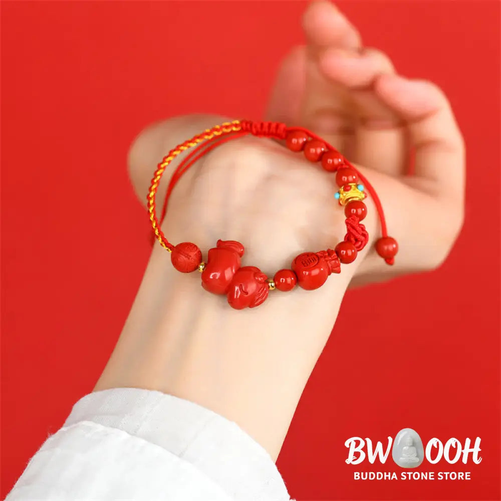 Buddha Stones Year of the Horse Natural Cinnabar Fu Character Lucky Bag Blessing Bracelet - Cinnabar(Wrist