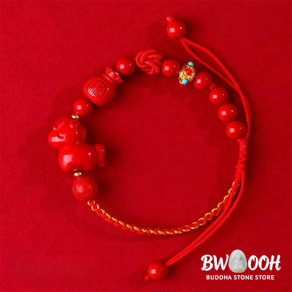 Buddha Stones Year of the Horse Natural Cinnabar Fu Character Lucky Bag Blessing Bracelet - Cinnabar(Wrist