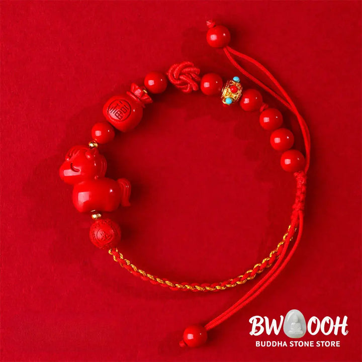 Buddha Stones Year of the Horse Natural Cinnabar Fu Character Lucky Bag Blessing Bracelet - Cinnabar(Wrist