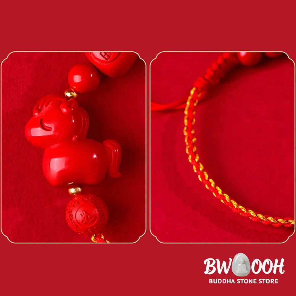 Buddha Stones Year of the Horse Natural Cinnabar Fu Character Lucky Bag Blessing Bracelet - Cinnabar(Wrist