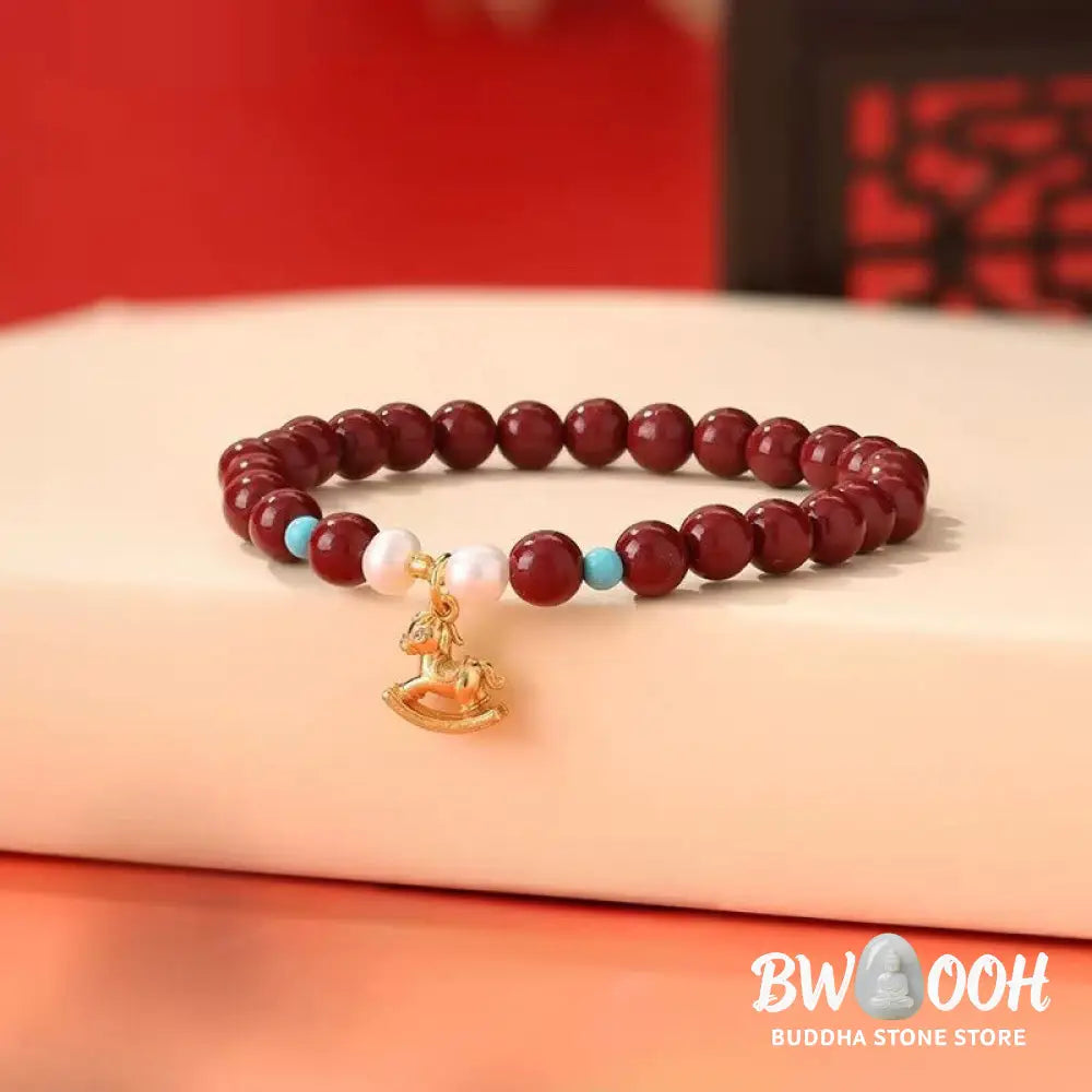 Buddha Stones Year of the Horse Natural Cinnabar Pearl Blessing Bracelet - Cinnabar(Wrist Circumference 14-16cm)