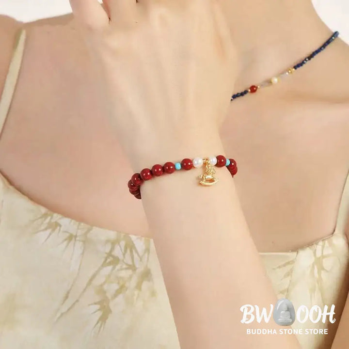 Buddha Stones Year of the Horse Natural Cinnabar Pearl Blessing Bracelet - Cinnabar(Wrist Circumference 14-16cm)