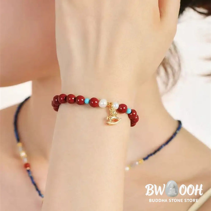 Buddha Stones Year of the Horse Natural Cinnabar Pearl Blessing Bracelet - Cinnabar(Wrist Circumference 14-16cm)