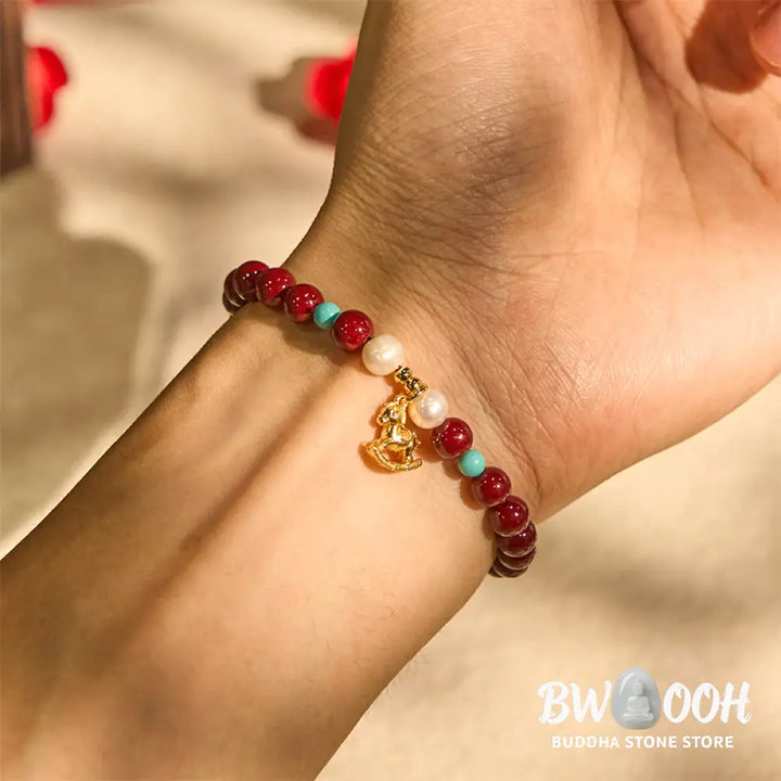 Buddha Stones Year of the Horse Natural Cinnabar Pearl Blessing Bracelet - Cinnabar(Wrist Circumference 14-16cm)