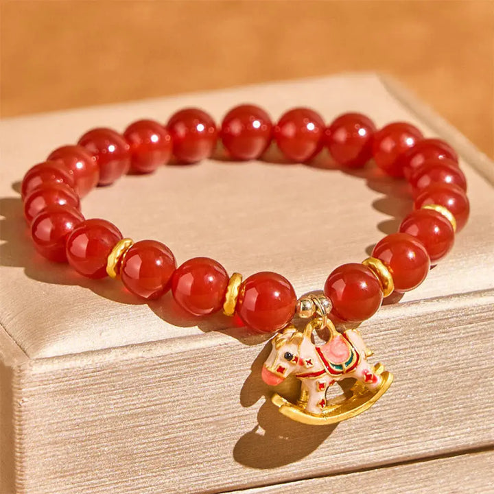 Buddha Stones Year Of The Horse Natural Cinnabar Red Agate Calm Confidence Bracelet - Red Agate &amp; Pink Horse(Wrist