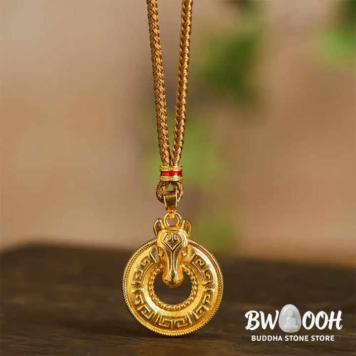 Buddha Stones Year Of The Horse Peace Buckle Fu Character Gold Plated Copper Energy Necklace Pendant - BWOOOH - Copper