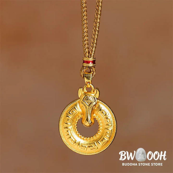 Buddha Stones Year Of The Horse Peace Buckle Fu Character Gold Plated Copper Energy Necklace Pendant - BWOOOH - Copper