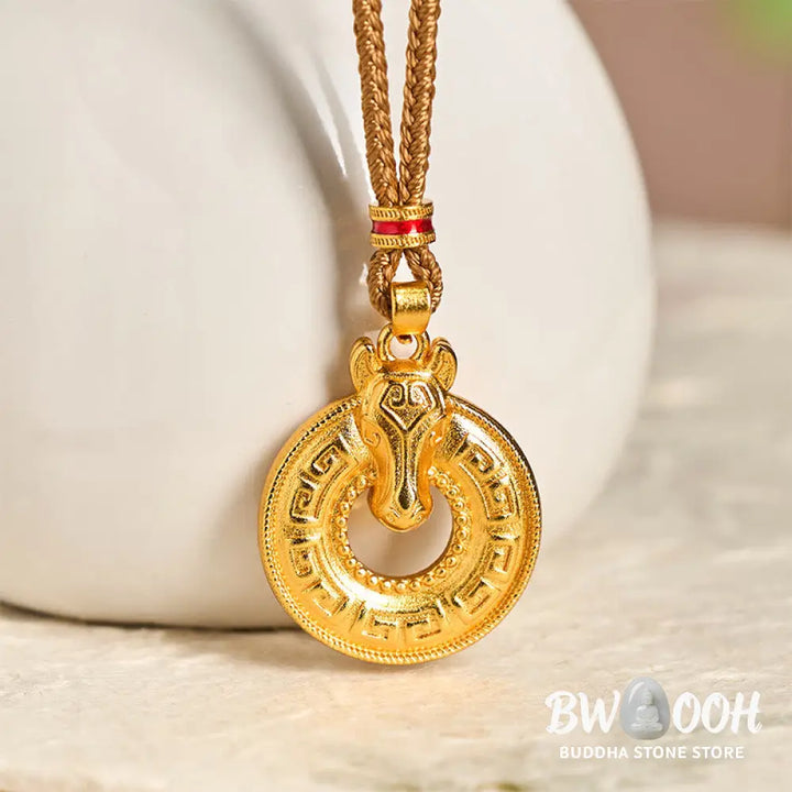 Buddha Stones Year Of The Horse Peace Buckle Fu Character Gold Plated Copper Energy Necklace Pendant - BWOOOH - Copper