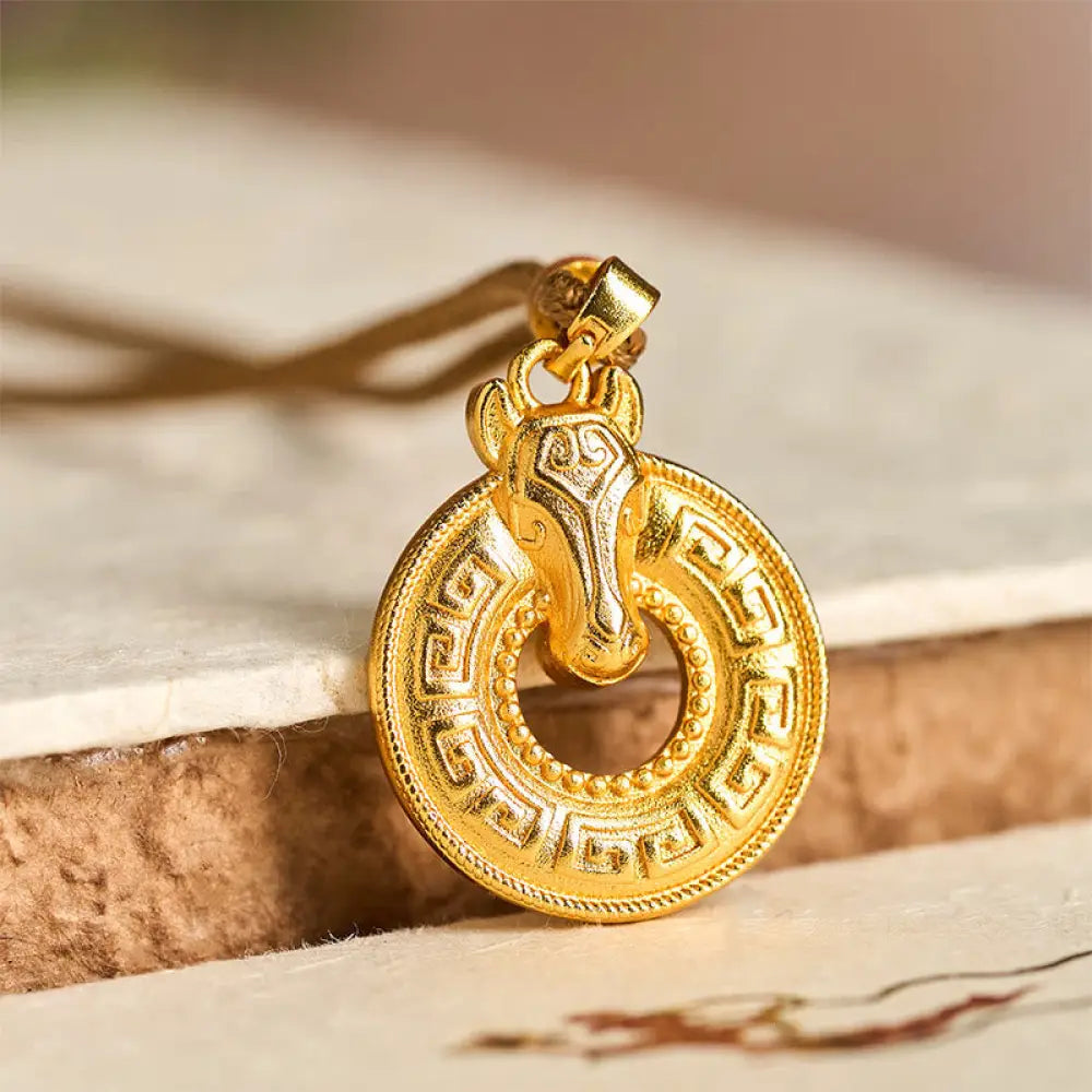 Buddha Stones Year Of The Horse Peace Buckle Fu Character Gold Plated Copper Energy Necklace Pendant - BWOOOH - Copper