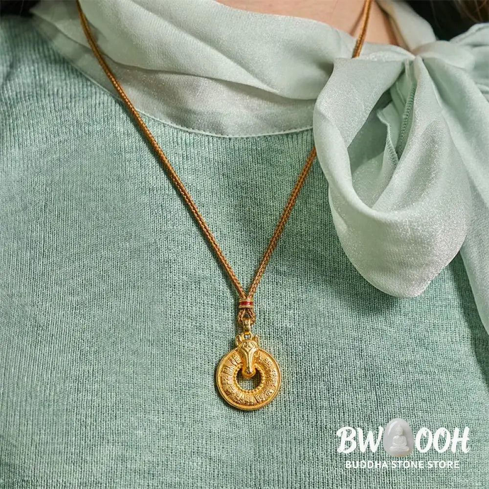 Buddha Stones Year Of The Horse Peace Buckle Fu Character Gold Plated Copper Energy Necklace Pendant - BWOOOH - Copper