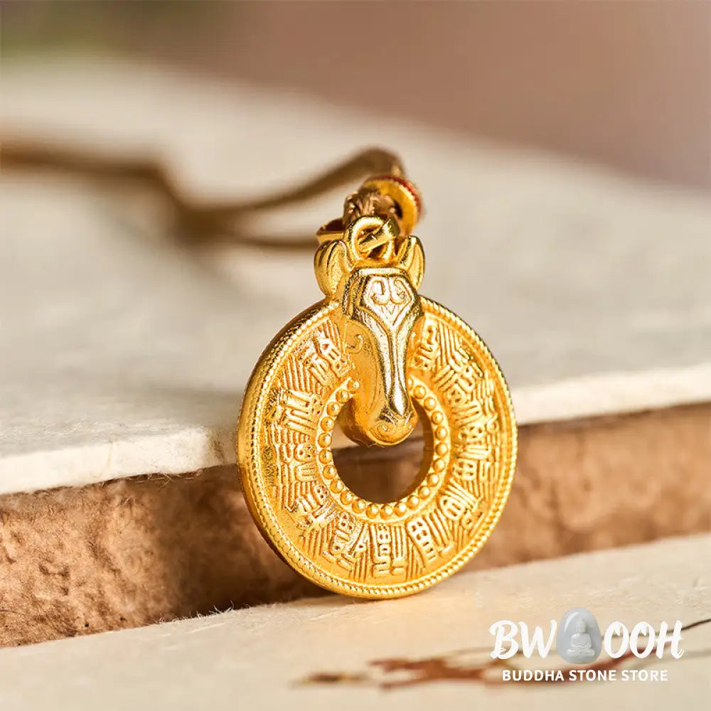 Buddha Stones Year Of The Horse Peace Buckle Fu Character Gold Plated Copper Energy Necklace Pendant - BWOOOH - Copper
