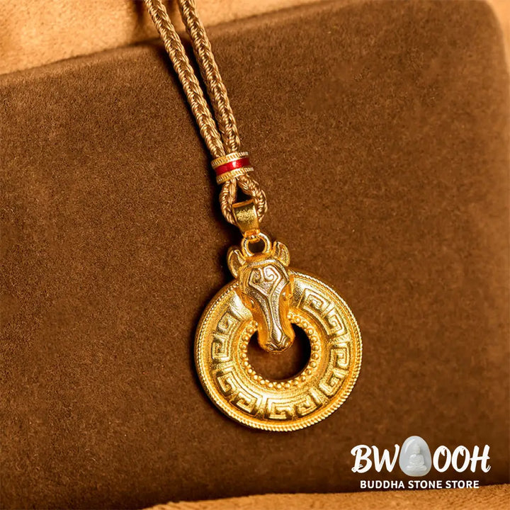 Buddha Stones Year Of The Horse Peace Buckle Fu Character Gold Plated Copper Energy Necklace Pendant - BWOOOH - Copper