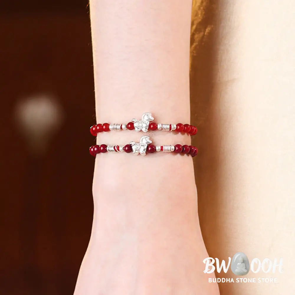 Buddha Stones Year Of The Horse Red Agate 999 Sterling Silver Cinnabar Calm Bracelet - Bracelet