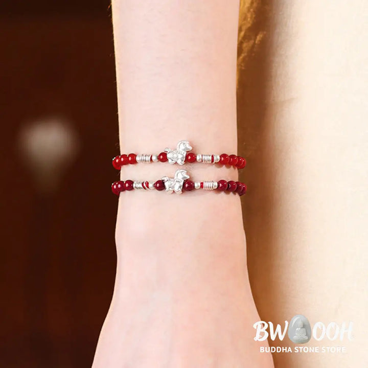 Buddha Stones Year Of The Horse Red Agate 999 Sterling Silver Cinnabar Calm Bracelet - Bracelet